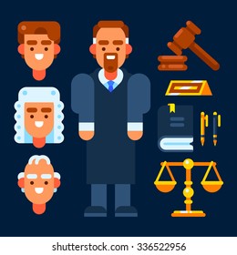 Judge and judicial sitting stuff. Justice and law. Vector flat illustration. Isolated objects.