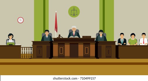 The judge and the jury sit on the throne in the courtroom.