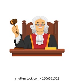 Judge law character sitting in desk with hammer concept in cartoon illustration vector isolated in white background