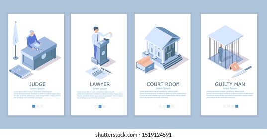 Judge, Lawyer, Court room, Guilty man mobile app onboarding screens. Menu banner vector template for website and application development. Law people and symbols courthouse, judge, attorney, defendant.
