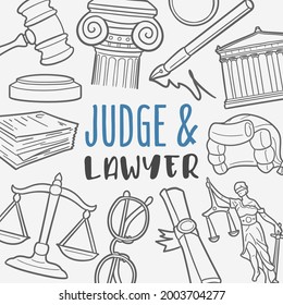 Judge And Lawyer Doodle Banner Icon. Protection Vector Illustration Hand Drawn Art. Line Symbols Sketch Background.