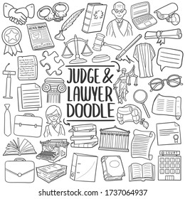 Judge and Lawyer doodle icon set. Law Court Vector illustration collection. Hand drawn Line art style.