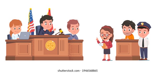 Judge, lawyer, witness, accused, clerk and bailiff people sitting at court hearing in courtroom. Lawyer kid appearing for defendant. Legal trial, court session, justice. Flat vector illustration