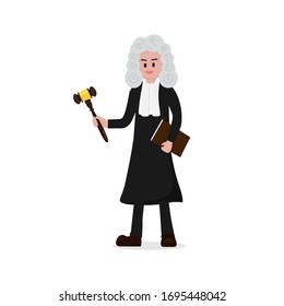 judge man court worker in judicial robe holding book and hummer. full length white background flat.