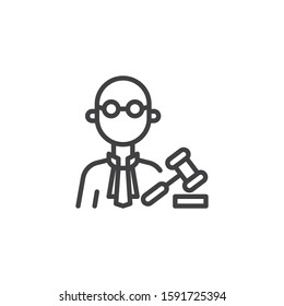Judge man court worker line icon. linear style sign for mobile concept and web design. Judge with the gavel outline vector icon. Justice and law symbol, logo illustration. Vector graphics