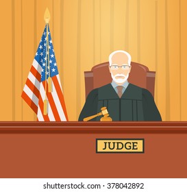 Judge man in courthouse at tribunal with gavel and flag of USA. Civil and criminal cases public trial. Hearing in the Supreme Court. Vector flat illustration. Law and justice conceptual banner.