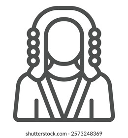 Judge man in gown and wig line icon, jurisprudence concept. Vector graphics. Court president sign on white background, outline style icon for mobile or web design