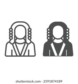 Judge man in gown and wig line and solid icon, jurisprudence concept. Vector graphics. Court president sign on white background, outline style icon for mobile or web design