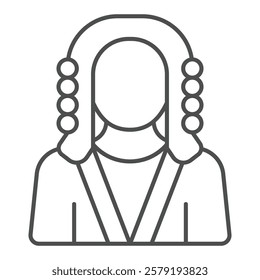 Judge man in gown and wig thin line icon, jurisprudence concept. Vector graphics. Court president sign on white background, outline style icon for mobile or web design