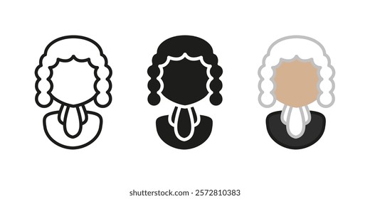 Judge man icon. Lawyer character with wig vector illustration. Advocate uniform symbol. Lawsuit judgement profession. Your Honor person. Judicial worker sign. Juridical barrister pictogram. Judge wig.