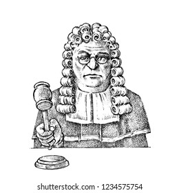 Judge man or magistrate with a hammer for justice. Court worker. Historical old sketch. Hand drawn Vintage illustration.