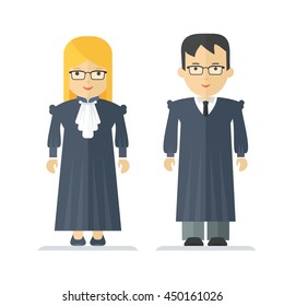 Judge a man and a woman. Characteristic for the process of the court and the protection rights of citizen. Objects isolated on white background. Flat cartoon vector illustration.