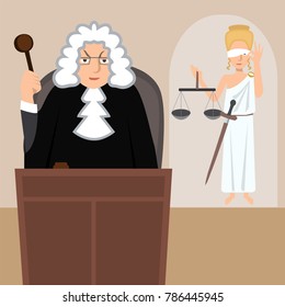 judge in mantle with lady justice at background - funny vector cartoon illustration in flat style