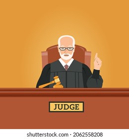 Judge mature man in courtroom at tribunal with gavel points finger up pronouncing judgment. Judicial cartoon background. Civil and criminal cases public trial. Flat vector concept