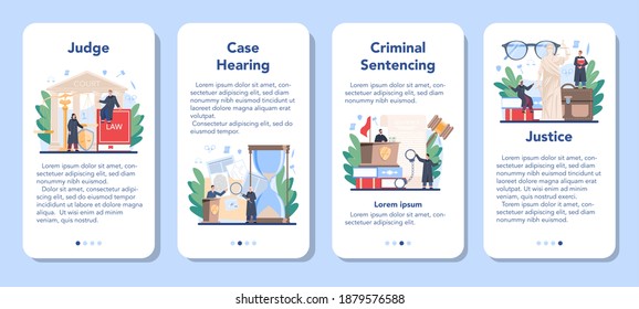 Judge mobile application banner set. Court worker stand for justice and law. Judge in traditional black robe hearing a case and sentencing. Judgement and punishment idea. Flat vector illustration