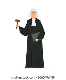 Judge - modern vector cartoon people characters illustration isolated on white background. An image of a serious man wearing a long black robe and a wig, holding a gavel and a folder