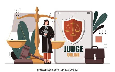 Judge online concept. Laws and democracy. Remote worker. Woman in black coat at background of weights and judges gavel. Cartoon flat vector illustration isolated on white background