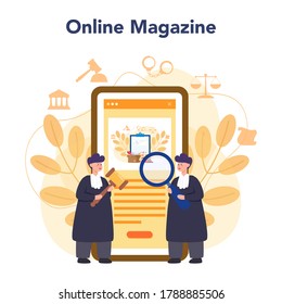 Judge online service or platform. Court worker stand for justice and law. Judgement and punishment idea. Online magazine. Isolated flat vector illustration