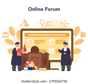 Judge online service or platform. Court worker stand for justice and law. Judgement and punishment idea. Online forum. Isolated flat vector illustration