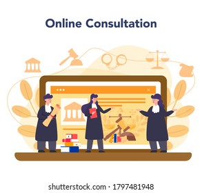 Judge Online Service Or Platform. Court Worker Stand For Justice And Law. Judgement And Punishment Idea. Online Consultation. Isolated Flat Vector Illustration
