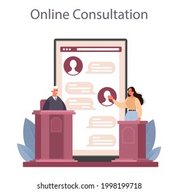 Judge online service or platform. Court worker stand for justice and law. Judge hearing a case and sentencing. Online consultation. Flat vector illustration