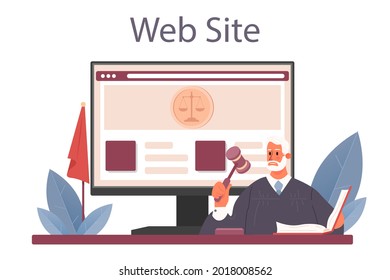 Judge online service or platform. Court worker stand for justice and law. Judge hearing a case and sentencing. Website. Flat vector illustration