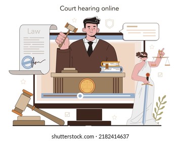 Judge online service or platform. Court worker stand for justice and law. Judge in traditional black robe hearing a case. Online hearing. Flat vector illustration