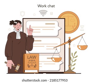 Judge online service or platform. Court worker stand for justice and law. Judge in traditional black robe hearing a case. Website. Flat vector illustration