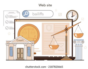 Judge online service or platform. Court worker stand for justice and law. Judge in traditional black robe hearing a case. Website. Flat vector illustration