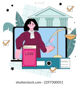 Judge online service or platform. Court worker stand for justice and law. Courtroom authority hearing a case and sentencing. E-mail. Flat vector illustration