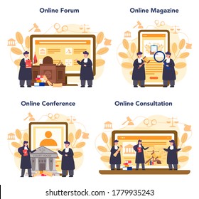 Judge online service or platform set. Court worker stand for justice and law. Judgement and punishment idea. Online forum, magazine, conference, consultation. Isolated flat vector illustration