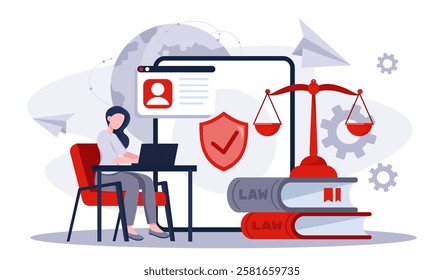 Judge online woman. Young girl with laptop near stack of books and scales. Judgment and justice. Lawyer and notary at workplace. Legal support. Flat vector illustration