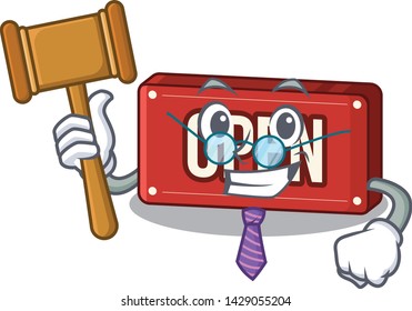 Judge open sign above on table cartoon