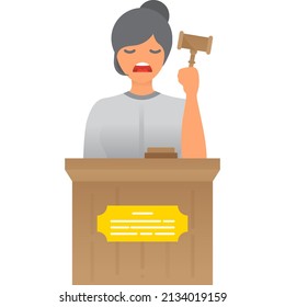 Juez en el vector de ícono de podio. Joven avatar de corte con martillo. Juicios, justicia y procedimientos judiciales