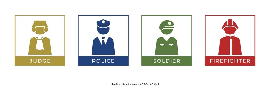 Juiz, Polícia, Soldado, Ícone de bombeiro conjunto ilustração vetor. Dentro da versão quadrada.