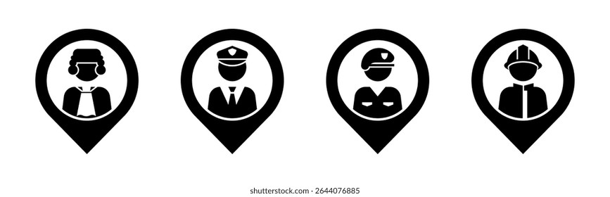 Juiz, Polícia, Soldado, Ícone de bombeiro conjunto ilustração vetor. Juiz, Polícia, Soldado, Bombeiro com sinal de localização e símbolo.