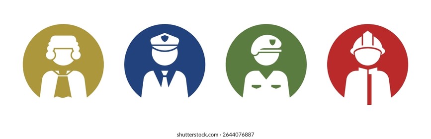 Juiz, Polícia, Soldado, Ícone de bombeiro conjunto ilustração vetor. Dentro da versão circular.