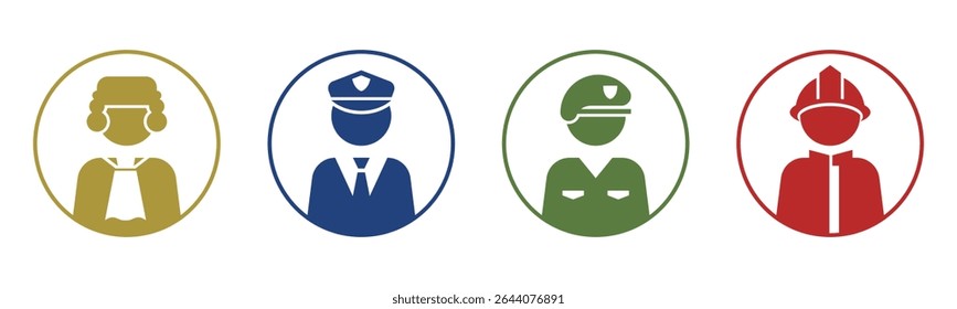 Juiz, Polícia, Soldado, Ícone de bombeiro conjunto ilustração vetor. Dentro da versão circular.