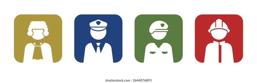Juiz, Polícia, Soldado, Ícone de bombeiro conjunto ilustração vetor. Dentro da versão quadrada.