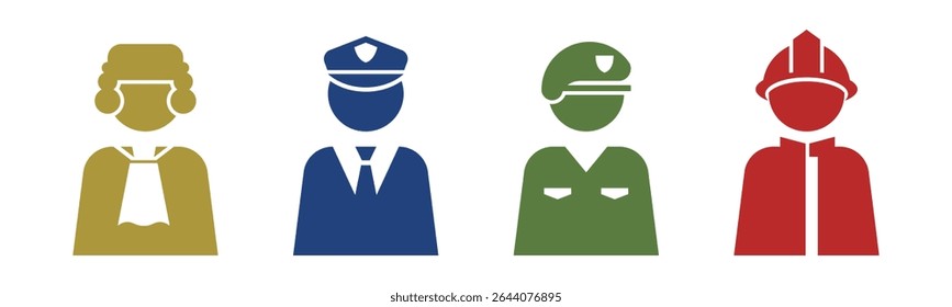Juiz, Polícia, Soldado, Ícone de bombeiro conjunto ilustração vetor.