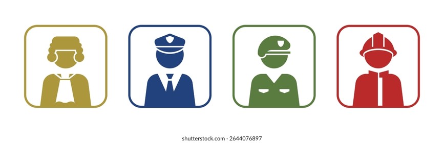 Juiz, Polícia, Soldado, Ícone de bombeiro conjunto ilustração vetor. Dentro da versão quadrada.