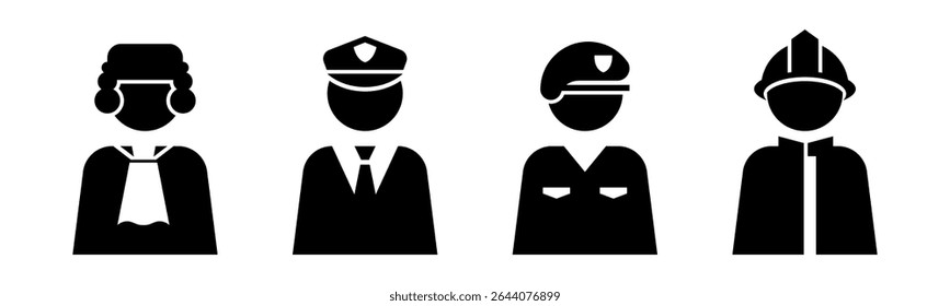 Juiz, Polícia, Soldado, Ícone de bombeiro conjunto ilustração vetor.