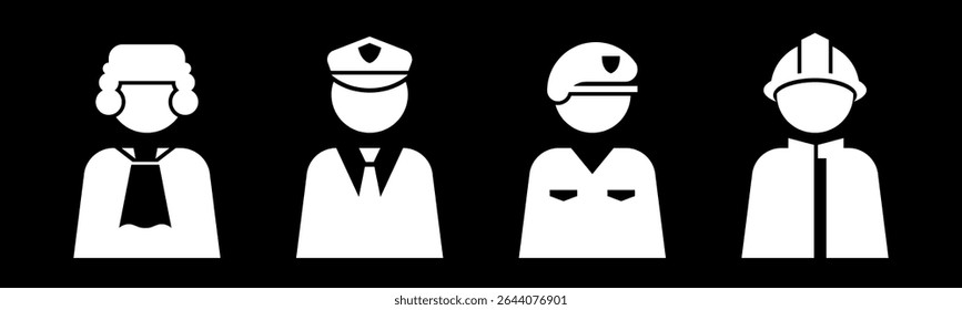 Juiz, Polícia, Soldado, Ícone de bombeiro conjunto ilustração vetor.