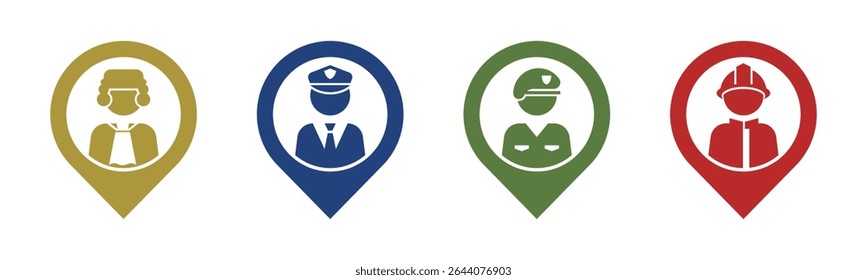 Juiz, Polícia, Soldado, Ícone de bombeiro conjunto ilustração vetor. Juiz, Polícia, Soldado, Bombeiro com sinal de localização e símbolo.