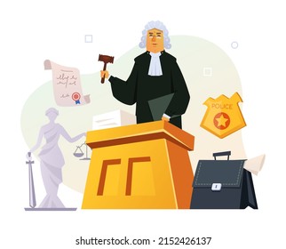 Judge Pronounces Judgment - Modern Colored Vector Poster On White Background With Man In A Wig And A Hammer, Statue With Scales, Police Badge, Lawyers Briefcase And Document With Seal. Court Idea