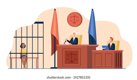 Judge reading verdict to accused in before court. Trial process, defendant in cage, assistant. Flat vector illustration. Courtroom, justice, law concept for banner, website design or landing web page