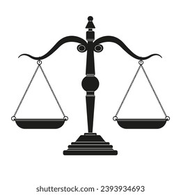 Judge scale silhouette image, trading weight and law court symbol vector illustration. Black truth balancing elements on white background.