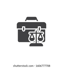 Judge scales and briefcase vector icon. filled flat sign for mobile concept and web design. Law scales and attorney briefcase glyph icon. Symbol, logo illustration. Vector graphics