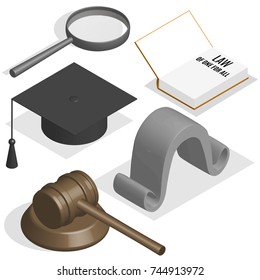 The judge set. Loupe, gavel, wig, book and graduation cap on a white background. 3D isometric style, vector illustration.