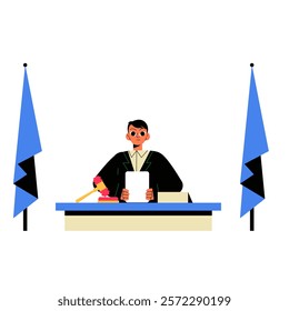 Judge Sitting At Desk With Gavel And Documents In Flat Vector Illustration Symbolizing Justice, Law, And Legal Proceedings, Isolated On White Background.